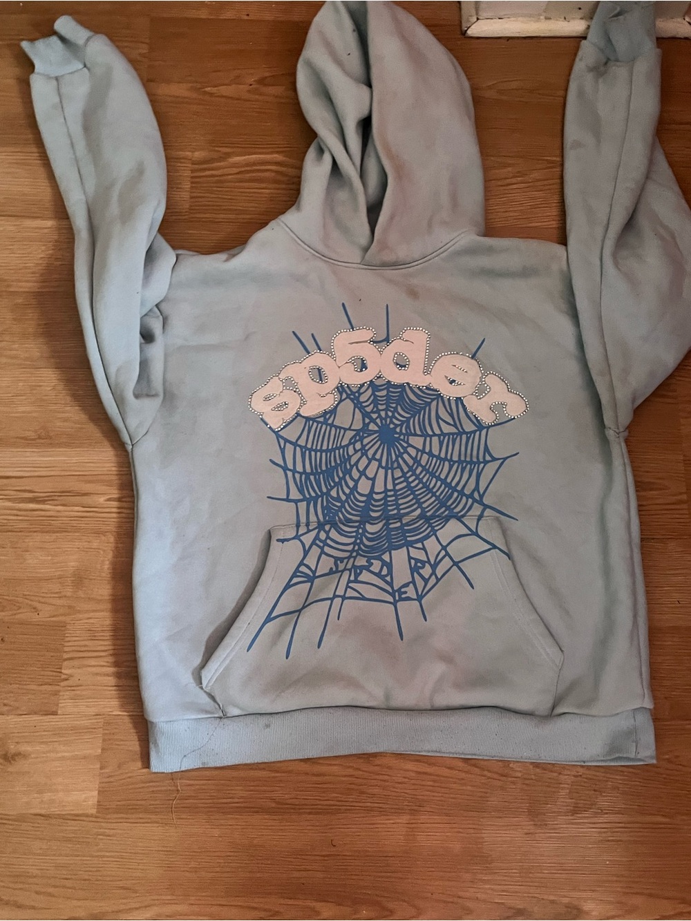 Unbranded Light Blue V-Neck Sweater with Graphic Web Design